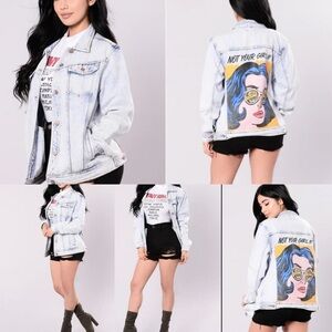 ✨🩵 Fashion Nova "Not Your Girl" Pop Art Comic Graphic Acid Wash Denim Jacket M✨